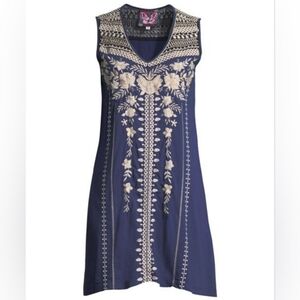Johnny Was Navy and Cream Embroidered bohemian Midi Dress Size Large